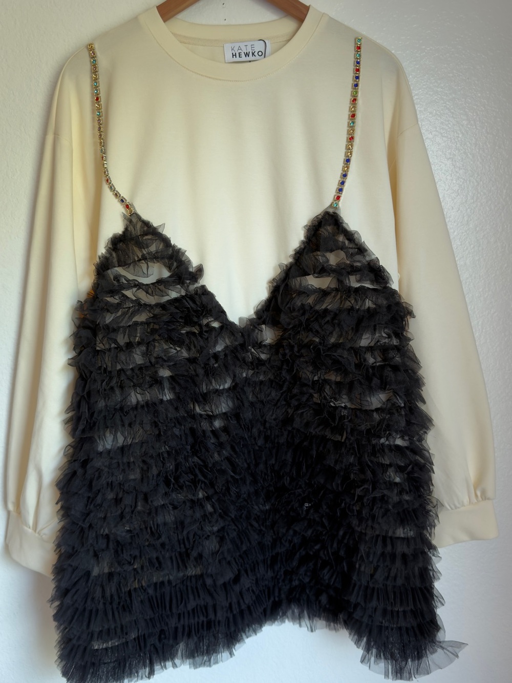 Cream Dress with Black Ruffle Overlay